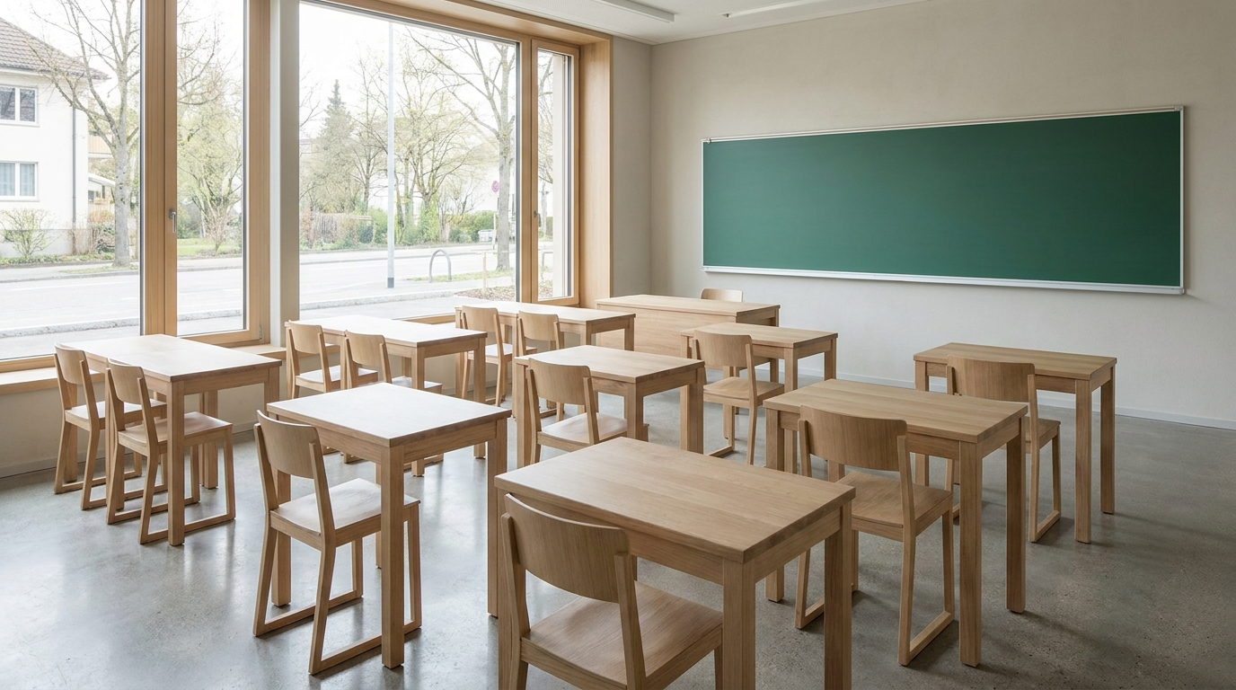 Leeres Klassenzimmer mit Stühlen und Tafel